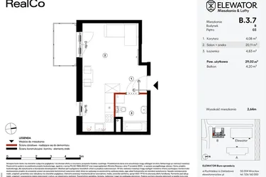 Rzut - Mieszkanie na sprzedaż 1 pokój o powierzchni 29,02 m² - numer B.3.7 w Elewator - Mieszkania i Lofty