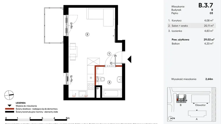 Rzut - Mieszkanie na sprzedaż 1 pokój o powierzchni 29,02 m² - numer B.3.7 w Elewator - Mieszkania i Lofty