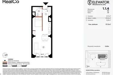 Rzut - Mieszkanie na sprzedaż 1 pokój o powierzchni 37,12 m² - numer EZ.1.1.4 w Elewator - Mieszkania i Lofty