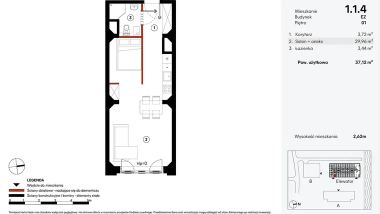 Rzut - Mieszkanie na sprzedaż 1 pokój o powierzchni 37,12 m² - numer EZ.1.1.4 w Elewator - Mieszkania i Lofty