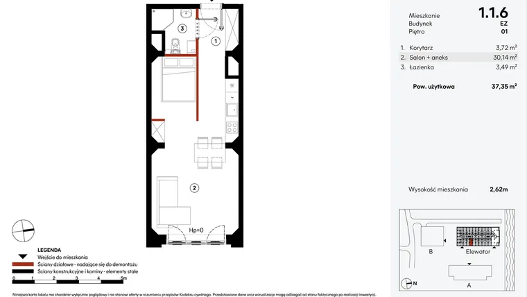 Rzut - Mieszkanie na sprzedaż 1 pokój o powierzchni 37,35 m² - numer EZ.1.1.6 w Elewator - Mieszkania i Lofty