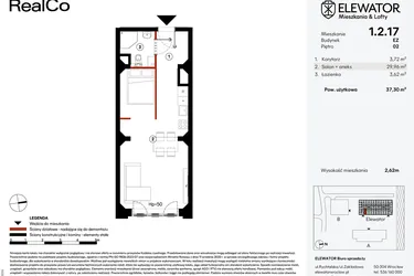 Rzut - Mieszkanie na sprzedaż 1 pokój o powierzchni 37,3 m² - numer EZ.1.2.17 w Elewator - Mieszkania i Lofty