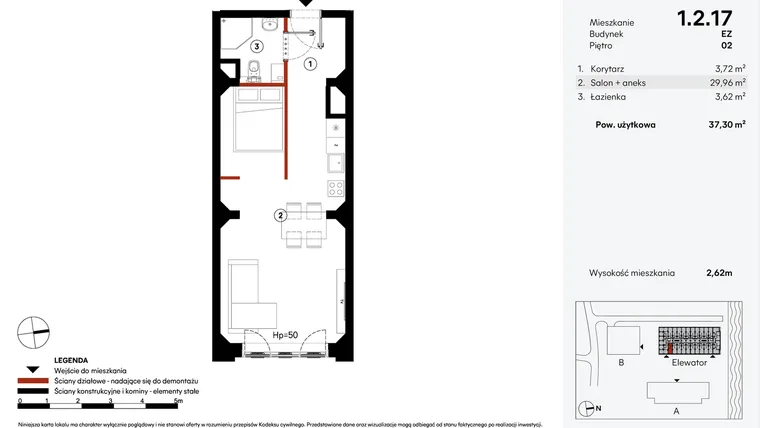 Rzut - Mieszkanie na sprzedaż 1 pokój o powierzchni 37,3 m² - numer EZ.1.2.17 w Elewator - Mieszkania i Lofty