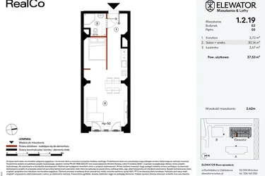 Rzut - Mieszkanie na sprzedaż 1 pokój o powierzchni 37,53 m² - numer EZ.1.2.19 w Elewator - Mieszkania i Lofty