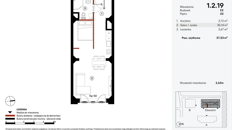 Rzut - Mieszkanie na sprzedaż 1 pokój o powierzchni 37,53 m² - numer EZ.1.2.19 w Elewator - Mieszkania i Lofty