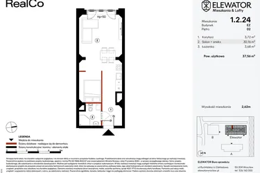 Rzut - Mieszkanie na sprzedaż 1 pokój o powierzchni 37,56 m² - numer EZ.1.2.24 w Elewator - Mieszkania i Lofty