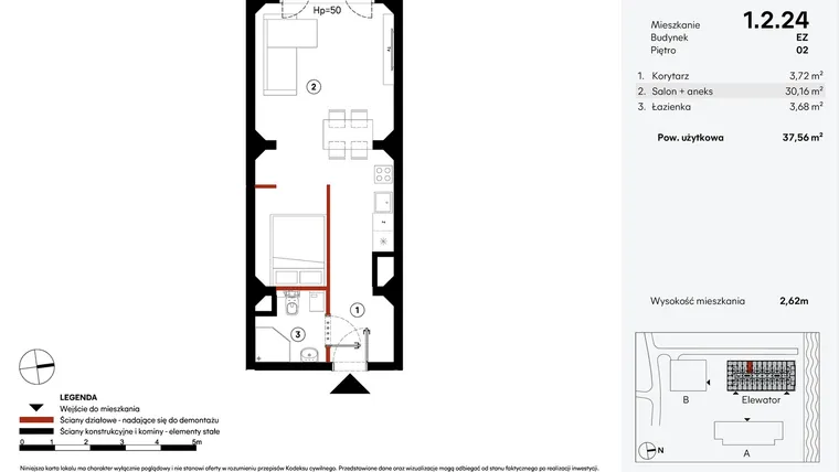 Rzut - Mieszkanie na sprzedaż 1 pokój o powierzchni 37,56 m² - numer EZ.1.2.24 w Elewator - Mieszkania i Lofty