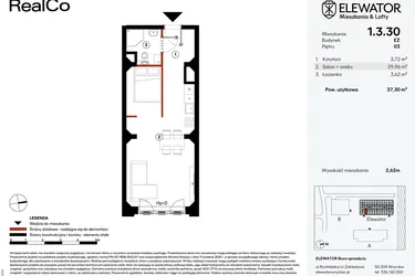 Rzut - Mieszkanie na sprzedaż 1 pokój o powierzchni 37,3 m² - numer EZ.1.3.30 w Elewator - Mieszkania i Lofty