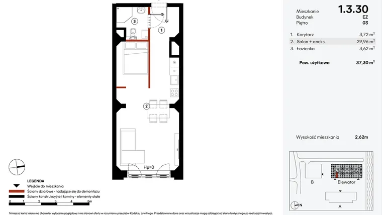 Rzut - Mieszkanie na sprzedaż 1 pokój o powierzchni 37,3 m² - numer EZ.1.3.30 w Elewator - Mieszkania i Lofty