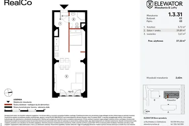 Rzut - Mieszkanie na sprzedaż 1 pokój o powierzchni 37,22 m² - numer EZ.1.3.31 w Elewator - Mieszkania i Lofty