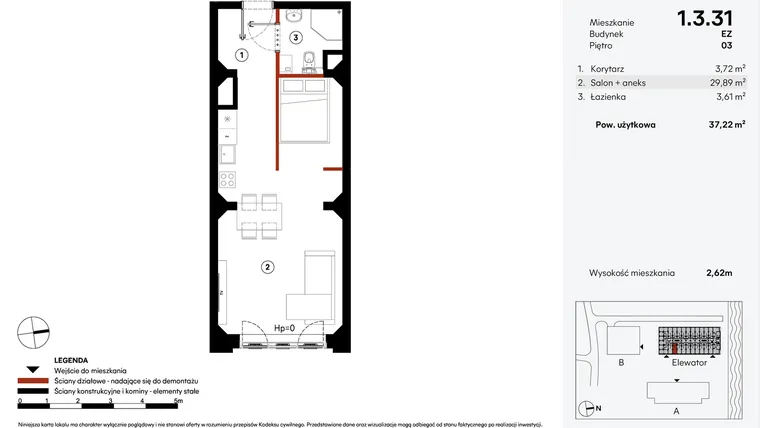 Rzut - Mieszkanie na sprzedaż 1 pokój o powierzchni 37,22 m² - numer EZ.1.3.31 w Elewator - Mieszkania i Lofty
