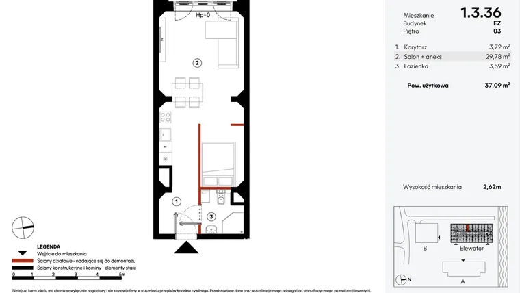 Rzut - Mieszkanie na sprzedaż 1 pokój o powierzchni 37,09 m² - numer EZ.1.3.36 w Elewator - Mieszkania i Lofty