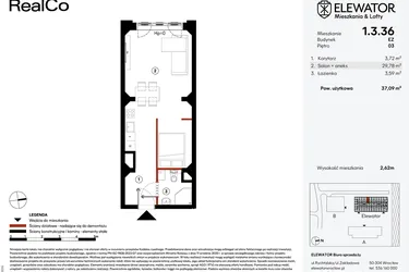 Rzut - Mieszkanie na sprzedaż 1 pokój o powierzchni 37,09 m² - numer EZ.1.3.36 w Elewator - Mieszkania i Lofty