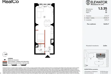 Rzut - Mieszkanie na sprzedaż 1 pokój o powierzchni 36,8 m² - numer EZ.1.3.35 w Elewator - Mieszkania i Lofty