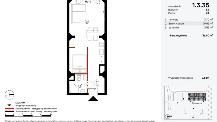Rzut - Mieszkanie na sprzedaż 1 pokój o powierzchni 36,8 m² - numer EZ.1.3.35 w Elewator - Mieszkania i Lofty