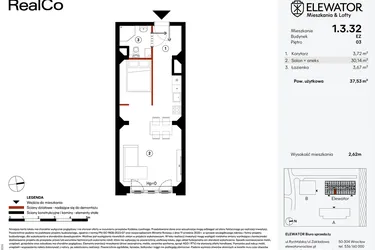 Rzut - Mieszkanie na sprzedaż 1 pokój o powierzchni 37,53 m² - numer EZ.1.3.32 w Elewator - Mieszkania i Lofty