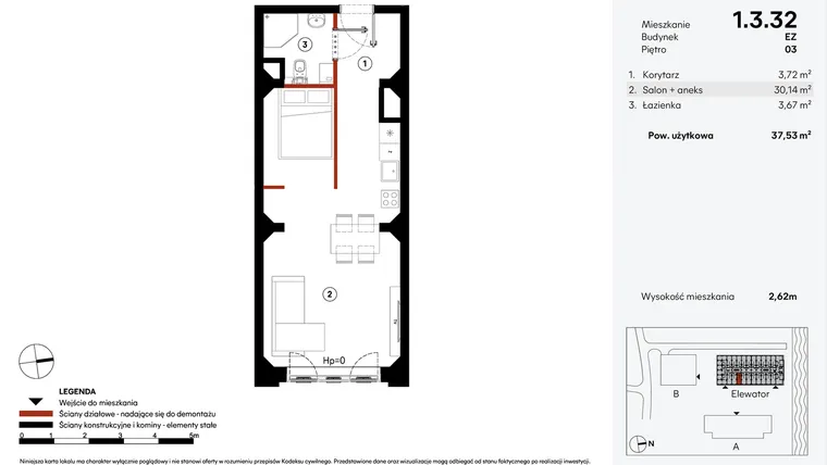 Rzut - Mieszkanie na sprzedaż 1 pokój o powierzchni 37,53 m² - numer EZ.1.3.32 w Elewator - Mieszkania i Lofty