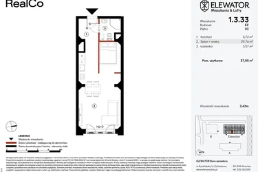 Rzut - Mieszkanie na sprzedaż 1 pokój o powierzchni 37,05 m² - numer EZ.1.3.33 w Elewator - Mieszkania i Lofty