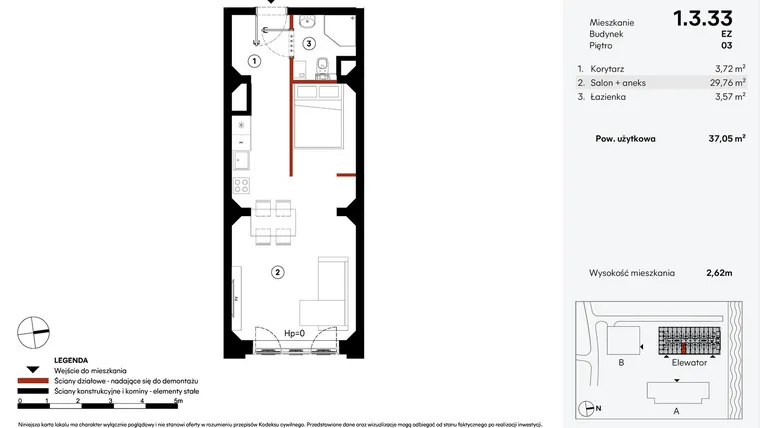Rzut - Mieszkanie na sprzedaż 1 pokój o powierzchni 37,05 m² - numer EZ.1.3.33 w Elewator - Mieszkania i Lofty