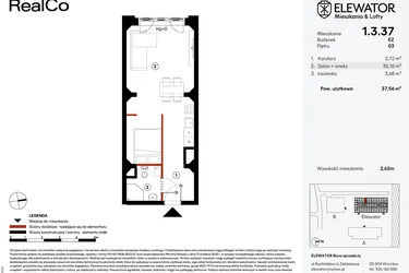 Rzut - Mieszkanie na sprzedaż 1 pokój o powierzchni 37,56 m² - numer EZ.1.3.37 w Elewator - Mieszkania i Lofty