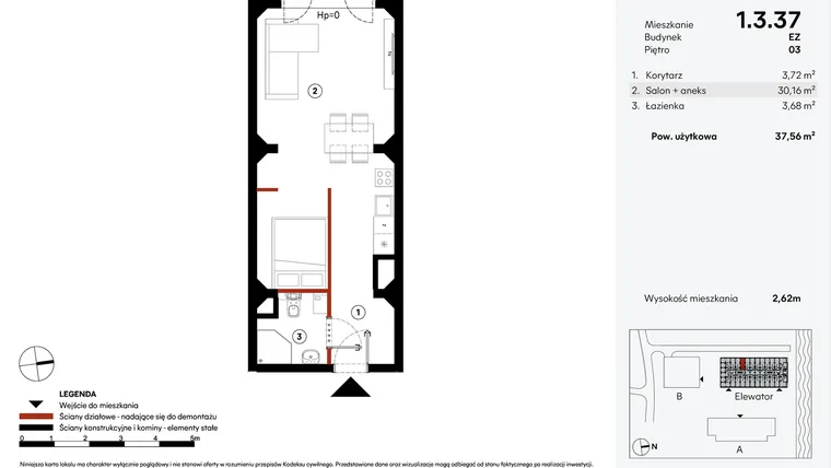 Rzut - Mieszkanie na sprzedaż 1 pokój o powierzchni 37,56 m² - numer EZ.1.3.37 w Elewator - Mieszkania i Lofty
