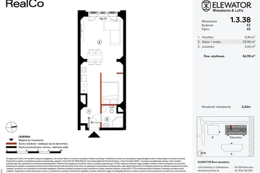 Rzut - Mieszkanie na sprzedaż 1 pokój o powierzchni 36,98 m² - numer EZ.1.3.38 w Elewator - Mieszkania i Lofty