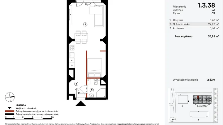 Rzut - Mieszkanie na sprzedaż 1 pokój o powierzchni 36,98 m² - numer EZ.1.3.38 w Elewator - Mieszkania i Lofty