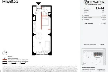 Rzut - Mieszkanie na sprzedaż 1 pokój o powierzchni 37,22 m² - numer EZ.1.4.44 w Elewator - Mieszkania i Lofty