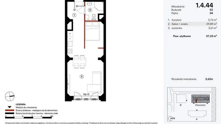 Rzut - Mieszkanie na sprzedaż 1 pokój o powierzchni 37,22 m² - numer EZ.1.4.44 w Elewator - Mieszkania i Lofty
