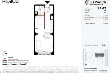 Rzut - Mieszkanie na sprzedaż 1 pokój o powierzchni 37,3 m² - numer EZ.1.4.43 w Elewator - Mieszkania i Lofty