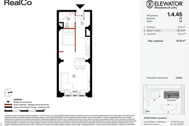 Rzut - Mieszkanie na sprzedaż 1 pokój o powierzchni 37,53 m² - numer EZ.1.4.45 w Elewator - Mieszkania i Lofty