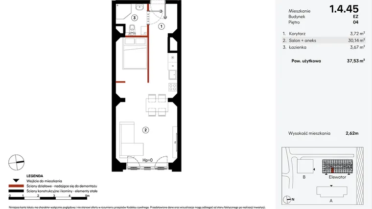 Rzut - Mieszkanie na sprzedaż 1 pokój o powierzchni 37,53 m² - numer EZ.1.4.45 w Elewator - Mieszkania i Lofty