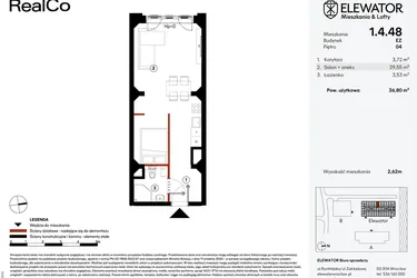 Rzut - Mieszkanie na sprzedaż 1 pokój o powierzchni 36,8 m² - numer EZ.1.4.48 w Elewator - Mieszkania i Lofty