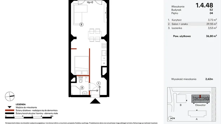 Rzut - Mieszkanie na sprzedaż 1 pokój o powierzchni 36,8 m² - numer EZ.1.4.48 w Elewator - Mieszkania i Lofty