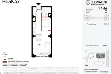 Rzut - Mieszkanie na sprzedaż 1 pokój o powierzchni 37,05 m² - numer EZ.1.4.46 w Elewator - Mieszkania i Lofty