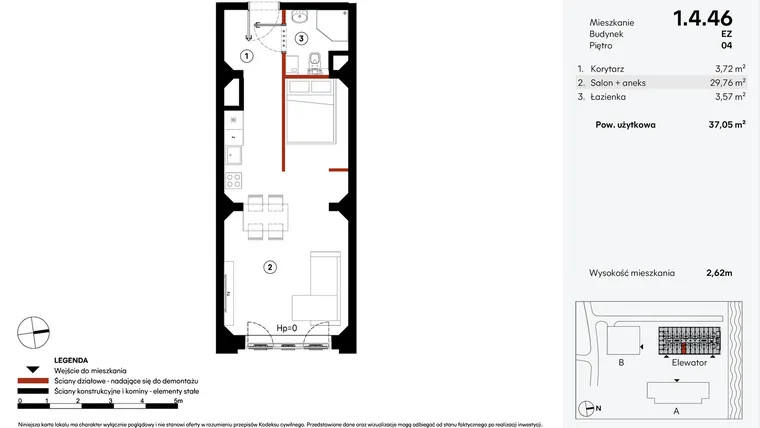 Rzut - Mieszkanie na sprzedaż 1 pokój o powierzchni 37,05 m² - numer EZ.1.4.46 w Elewator - Mieszkania i Lofty