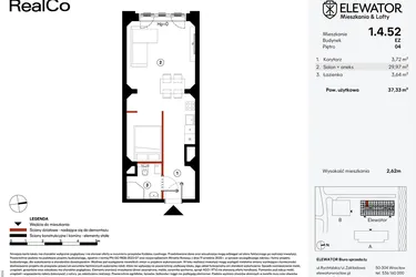 Rzut - Mieszkanie na sprzedaż 1 pokój o powierzchni 37,33 m² - numer EZ.1.4.52 w Elewator - Mieszkania i Lofty