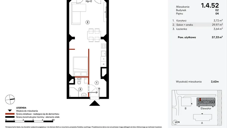 Rzut - Mieszkanie na sprzedaż 1 pokój o powierzchni 37,33 m² - numer EZ.1.4.52 w Elewator - Mieszkania i Lofty