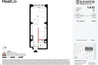Rzut - Mieszkanie na sprzedaż 1 pokój o powierzchni 36,98 m² - numer EZ.1.4.51 w Elewator - Mieszkania i Lofty