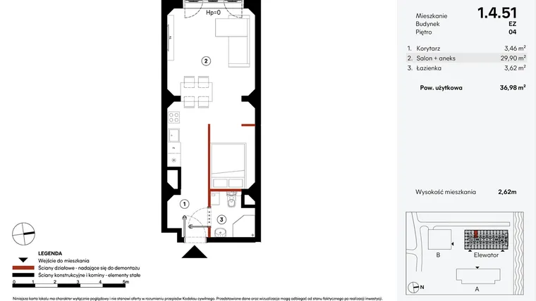 Rzut - Mieszkanie na sprzedaż 1 pokój o powierzchni 36,98 m² - numer EZ.1.4.51 w Elewator - Mieszkania i Lofty