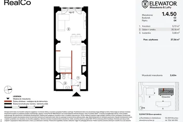 Rzut - Mieszkanie na sprzedaż 1 pokój o powierzchni 37,56 m² - numer EZ.1.4.50 w Elewator - Mieszkania i Lofty