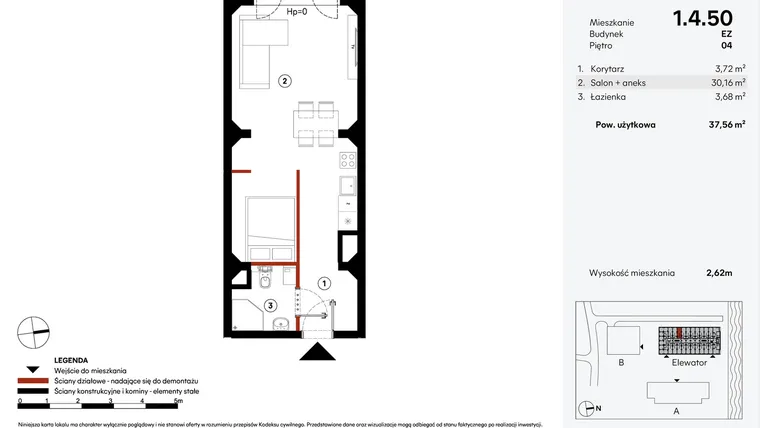 Rzut - Mieszkanie na sprzedaż 1 pokój o powierzchni 37,56 m² - numer EZ.1.4.50 w Elewator - Mieszkania i Lofty