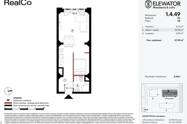 Rzut - Mieszkanie na sprzedaż 1 pokój o powierzchni 37,09 m² - numer EZ.1.4.49 w Elewator - Mieszkania i Lofty