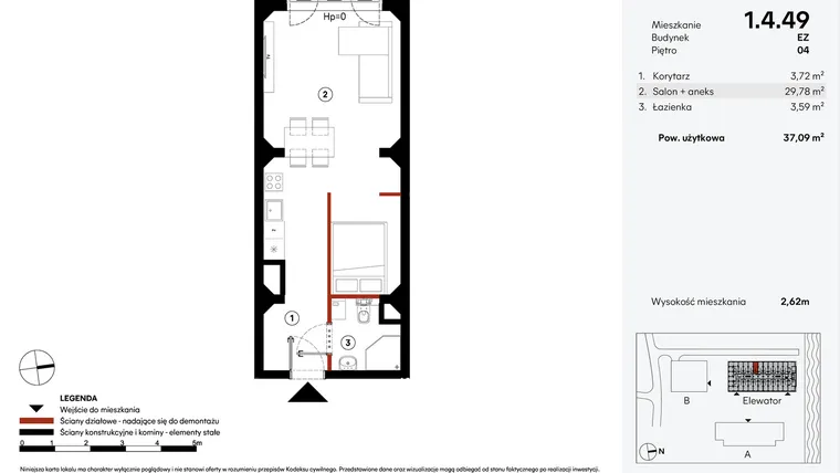 Rzut - Mieszkanie na sprzedaż 1 pokój o powierzchni 37,09 m² - numer EZ.1.4.49 w Elewator - Mieszkania i Lofty