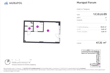 Rzut - Lokal użytkowy na sprzedaż 1 pokój o powierzchni 47,32 m² - numer 1.C.0.LU.05 w Murapol Forum