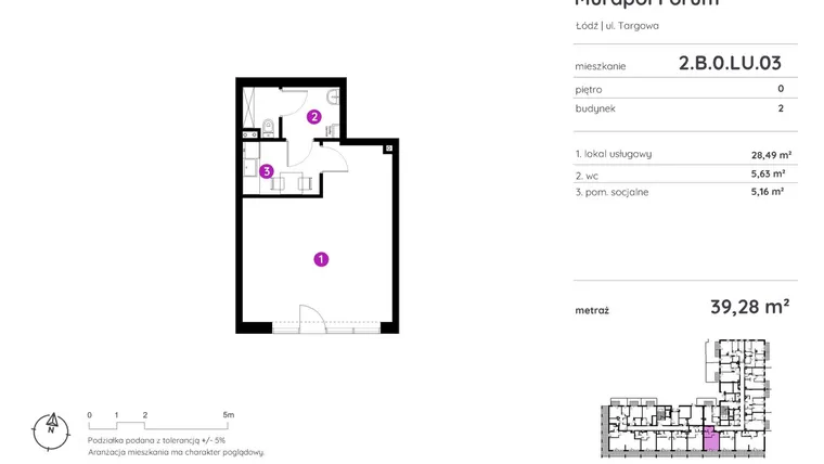 Rzut - Lokal użytkowy na sprzedaż 1 pokój o powierzchni 39,28 m² - numer 2.B.0.LU.03 w Murapol Forum