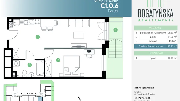 Rzut - Mieszkanie na sprzedaż 2 pokoje o powierzchni 47,72 m² - numer C1.0.6 w Bogatyńska Apartamenty etap 3