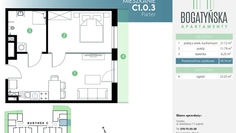 Rzut - Mieszkanie na sprzedaż 2 pokoje o powierzchni 39,14 m² - numer C1.0.3 w Bogatyńska Apartamenty etap 3