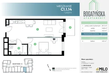 Rzut - Mieszkanie na sprzedaż 2 pokoje o powierzchni 47,45 m² - numer C1.1.14 w Bogatyńska Apartamenty etap 3
