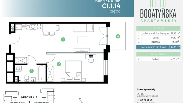 Rzut - Mieszkanie na sprzedaż 2 pokoje o powierzchni 47,45 m² - numer C1.1.14 w Bogatyńska Apartamenty etap 3